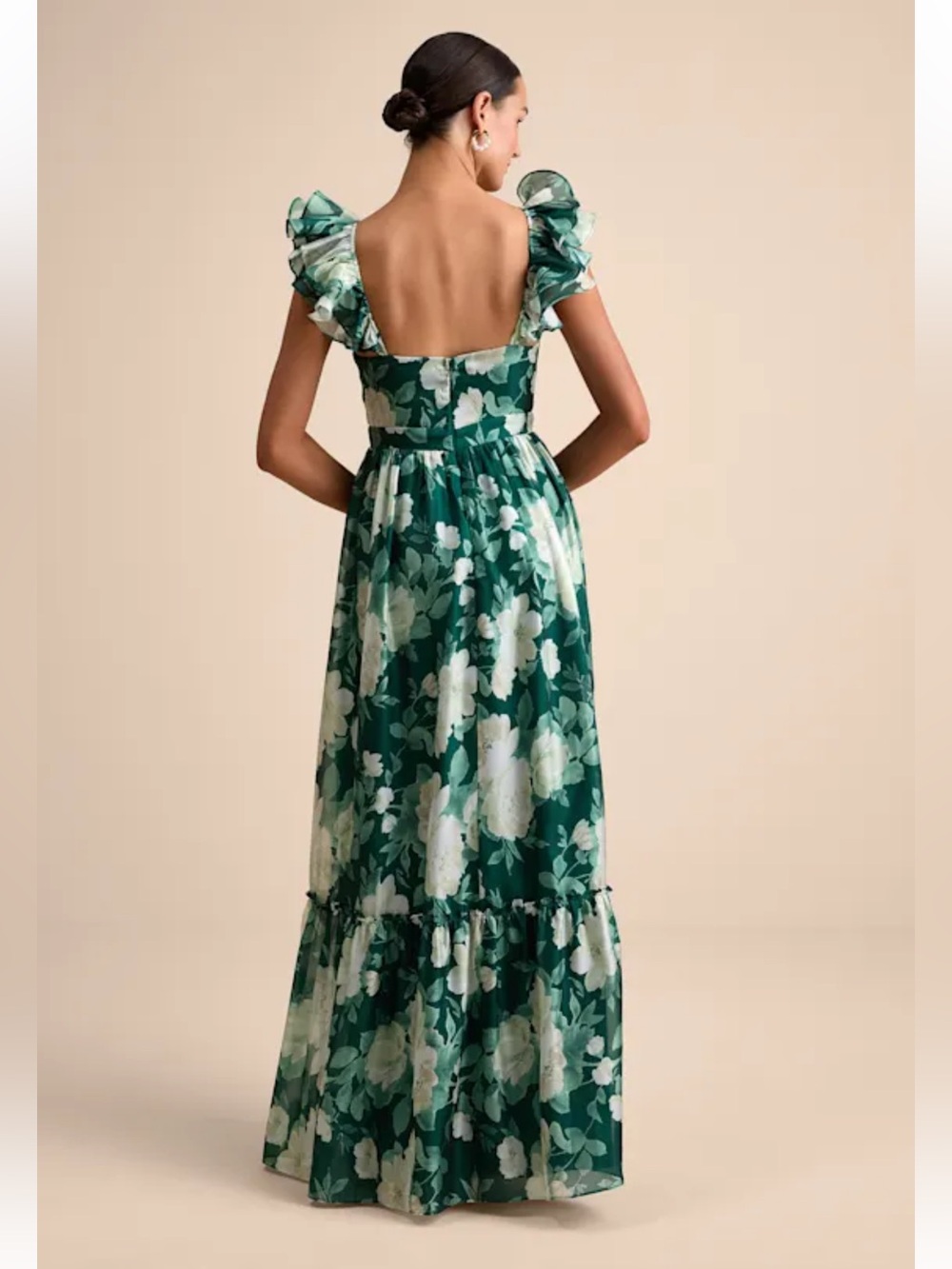 Lulus Floral Maxi Dress Green White Ruffle Strap Empire Waist Size L NWT - Picture 4 of 13